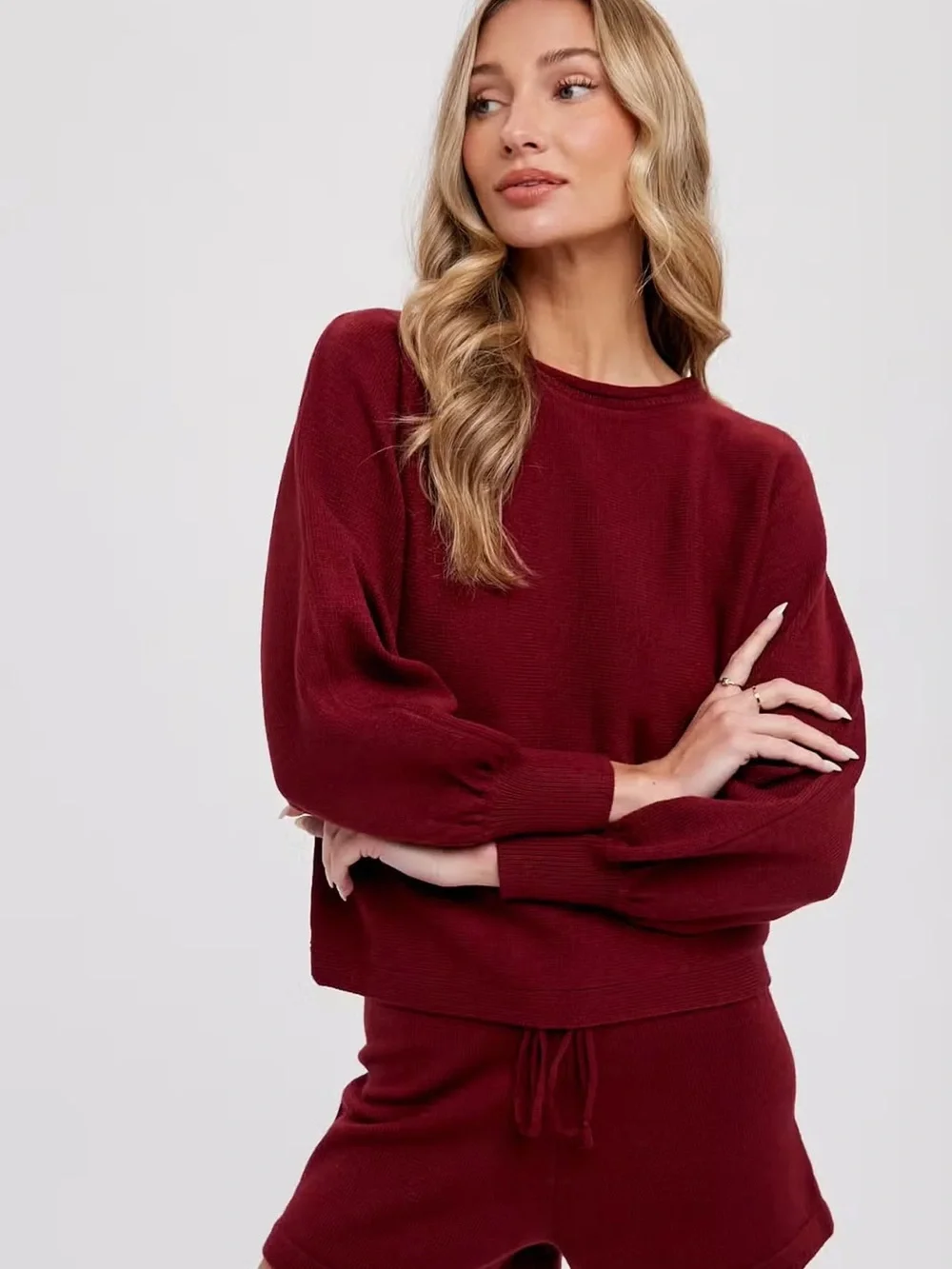 Cozy Two-Piece Knit Lounge Set in Deep Wine